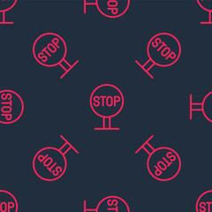 Red line Stop sign icon isolated seamless pattern on black background. Traffic regulatory warning stop symbol. Vector