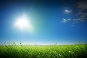 Fototapeta na wymiar sunny outdoor backdrop with green grass and blue skies, Generative AI