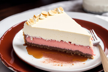 Piece of cake with strawberries and blueberries on a wooden background. Chocolate cake, Tiramisu cake. Generative AI