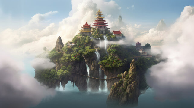 Chinese style Fantasy landscape illustration. Castle and islands floating in the sky. generative AI.