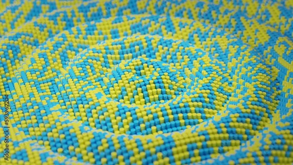 Poster loop 3d animation of a surface made of many columns and sticks of yellow and blue color. the surface
