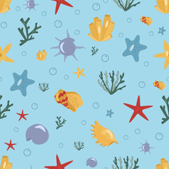 Seamless sea pattern for print design. Sea shell drawing. Marine template. Blue background. Tile design.