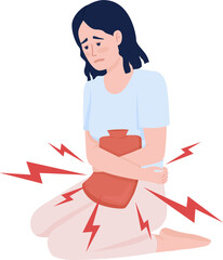 Sickly looking girl with hot water bottle semi flat color raster character. Full body person on white. Simple cartoon style illustration for web graphic design and animation