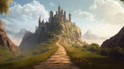 Fotobehang Old fairytale castle on the hill. Fantasy landscape illustration. generative AI. © junghc1