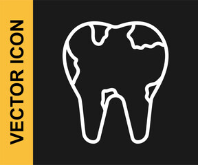 White line Broken tooth icon isolated on black background. Dental problem icon. Dental care symbol. Vector
