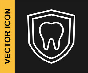 White line Dental protection icon isolated on black background. Tooth on shield logo. Vector