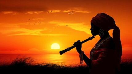 fashion tribal woman silhouette with chalma play flute on sunset on sea,generated ai