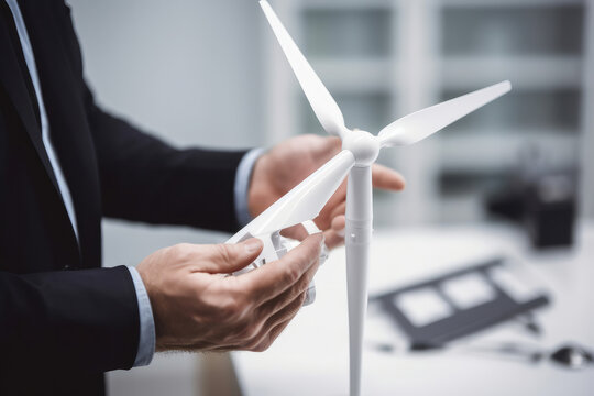 An engineer holding a model of a wind turbine. Sustainable green energy. Generative ai