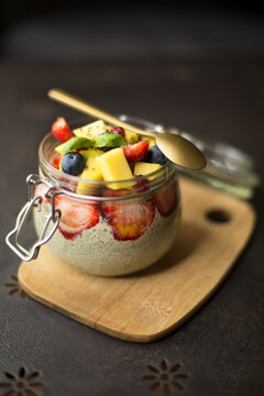 Vegetarian pudding with organic fresh fruits and chia seeds