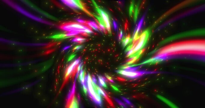 Animation of colored glowing curls flying from the center on a black background. Purple, red and green neon strips of light. Abstract background.