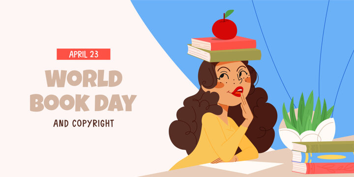World Book and copyright Day banner with cute girl with books on her head. Vector character flat illustration. International World Book Day concept - Powered by Adobe