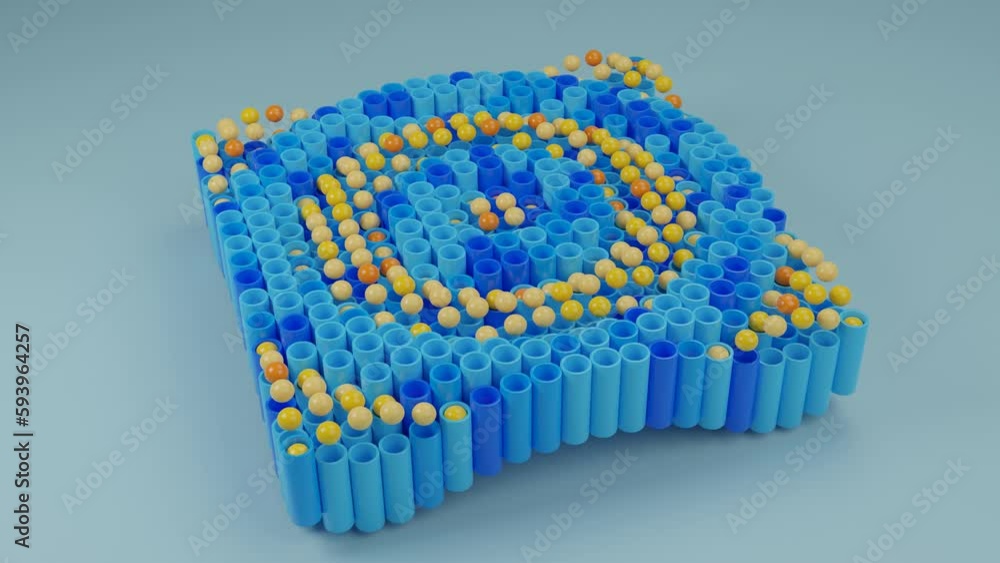 Poster loop 3d animation of an array of many tubes, cylinders and spheres. mutual movement. concentric wave