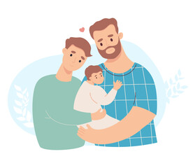 Happy lgbt family. Cute fair-skinned mans with baby in his arms and loving guy partner. Vector illustration in flat style. Parent, parenthood, fathers and family day concept.