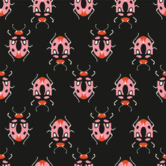 Seamless pattern with cute bugs. Colorful hand drawn vector illustration