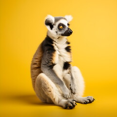 lemur sitting upright facing right isolated on plain yellow studio background, made with generative ai	