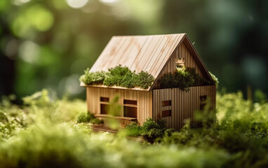 wooden model house with moss. eco friendly