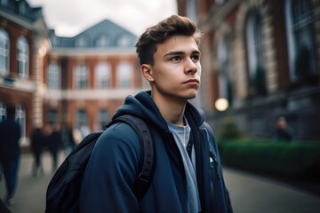 Fototapeta premium A fictional person. Confident male college student on vibrant university campus