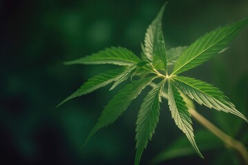Naklejka na ściany i meble Botanical Illustration - Cannabis Leaf on Green Background for Hemp and CBD Products - Generative AI