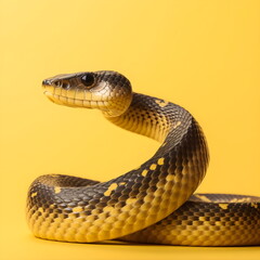 Obraz premium coiled snake facing left, isolated on plain yellow studio background, made with generative ai 