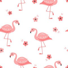 Seamless pattern with flamingo and pink flower on white background vector illustration.