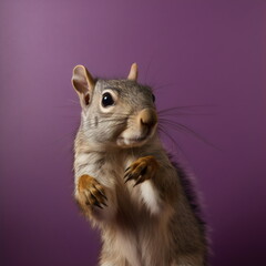 inquisitive squirrel close up isolated on plain purple studio background, made with generative ai	