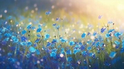Fototapeta na wymiar field of blue flowers with sunshine