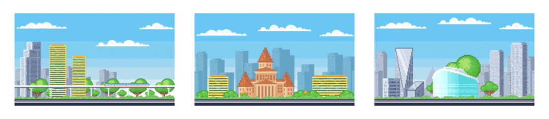 Obraz premium City buildings. Downtown pixelated cityscape set. Scenery skyline. Urban neighbourhood. Suburban town silhouette. Sky landscape. Modern architecture and park. Daytime panorama in pixel art style
