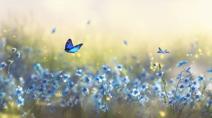 blue butterflies over a field of blue flowers