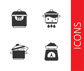 Set Scales, Slow cooker, Cooking pot and on fire icon. Vector