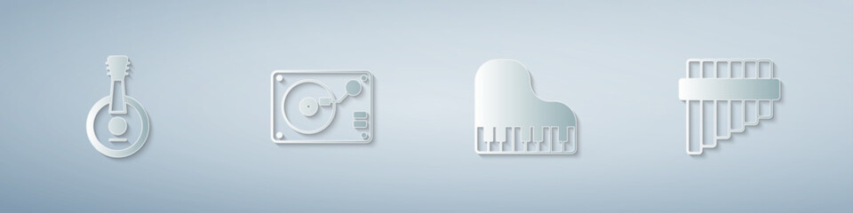 Set Banjo, Vinyl player with vinyl disk, Grand piano and Pan flute. Paper art style. Vector