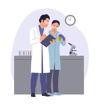 Woman and man Scientists working using digital tablet, analysing biochemicals samples in the lab. Vector cartoon flat style illustration