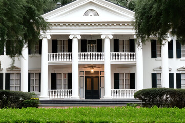 Colonial-style mansion with black door and white columns