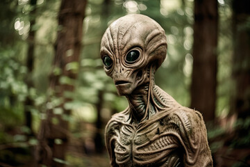 Generative AI illustration of portrait of extraterrestrial ancient alien looking at camera against blurred green trees in forest during daytime