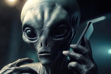 Generative AI illustration of extraterrestrial alien with black wide eyes talking on mobile phone against blurred background
