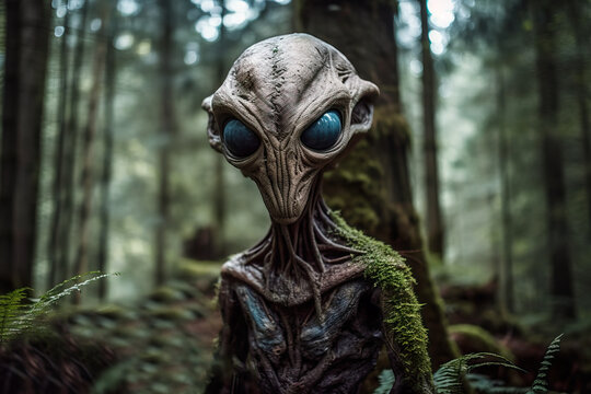 Generative AI illustration of portrait of extraterrestrial ancient alien looking at camera against blurred green trees in forest during daytime