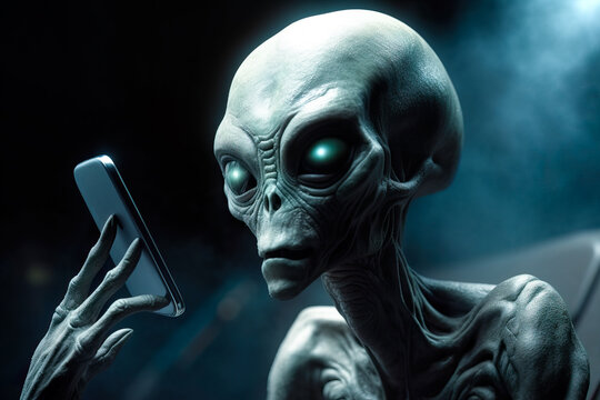 Generative AI illustration of bald gray extraterrestrial alien with wide eyes browsing smartphone against dark background at night
