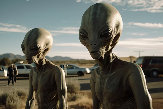 Generative AI illustration of extraterrestrial aliens with black eyes on field with people and vehicles in background against blue sky