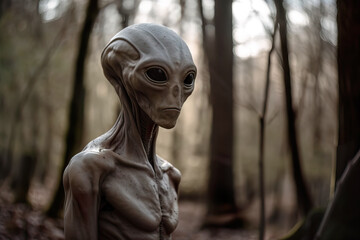 Generative AI illustration of portrait of extraterrestrial ancient alien looking at camera against blurred green trees in forest during daytime