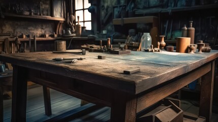 Fototapeta na wymiar Vintage Workshop with Wooden Table and Tools