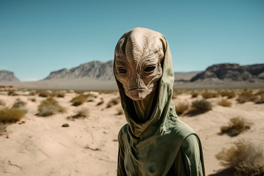 Generative AI illustration of extraterrestrial alien in hoodie looking at camera standing on sandy desert terrain against cloudless blue sky