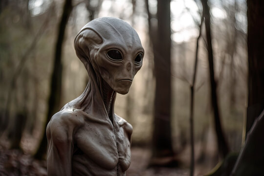 Generative AI illustration of portrait of extraterrestrial ancient alien looking at camera against blurred green trees in forest during daytime
