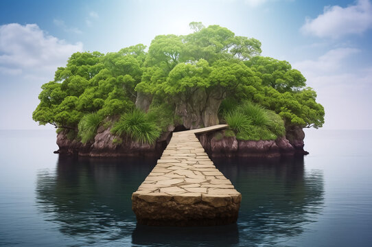 Island in the middle of the ocean, bridge leading to a mysterious destination