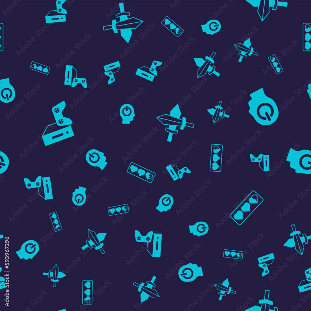 Poster set game console with joystick, power button, sword for game and life bar on seamless pattern. vecto
