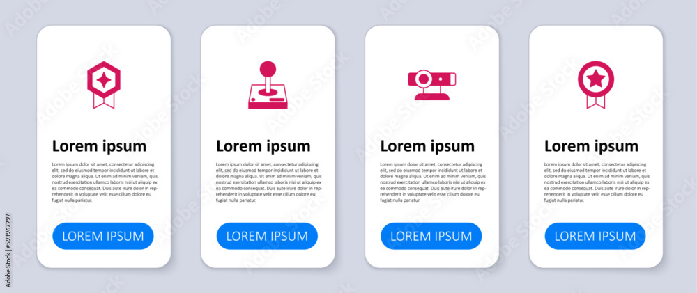 Poster set game rating with medal, web camera, joystick for arcade machine and . business infographic templ