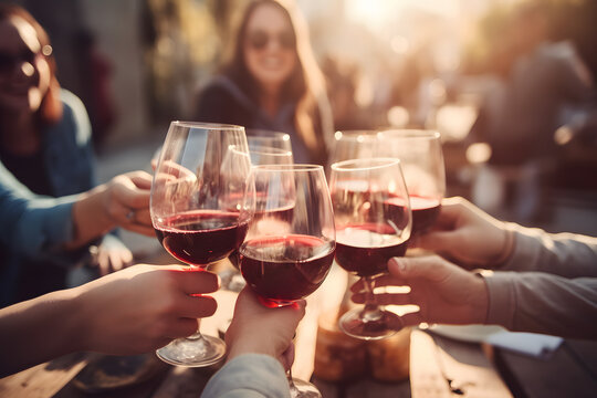 group of young, trendy millennials clinking their glasses of red wine while sitting outside, enjoying a convivial moment filled with laughter and joy ai generated art