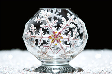 Snowflake on a glass snow globe on a table