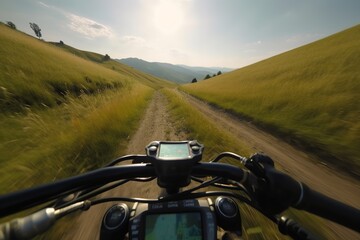 Personal perspective on the handlebars as you pedal towards the top of a hill. Generative AI