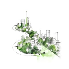 A sketch of an isolated green buildings promoting walkability and clean public infrastructure. The sustainable urbanism design highlighting a carbon-neutral, eco-friendly architecture. Generative AI