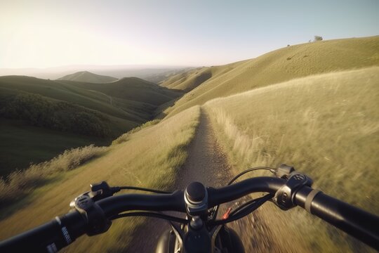 Personal Perspective On The Handlebars As You Pedal Towards The Top Of A Hill. Generative AI