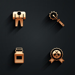 Set Beekeeper costume, Cutter roll for honey, Jar of and Best bee icon with long shadow. Vector